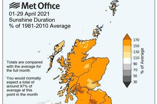The Glasgow area and parts of southern Scotland had the most extra sun than average (brown areas). Picture: Met Office