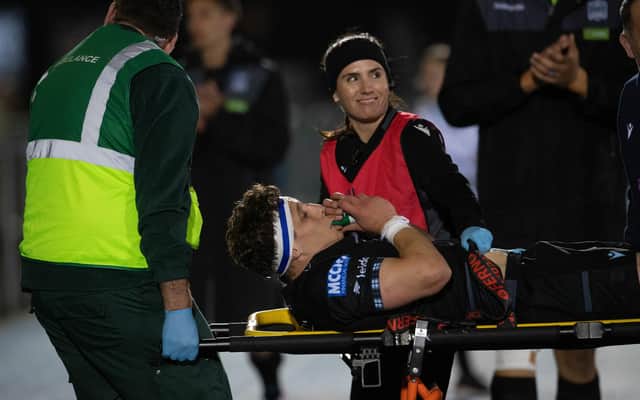 Glasgow Warriors' Rory Darge is carried off after injuring his ankle against Cardiff at Scotstoun. (Photo by Ross Parker / SNS Group)
