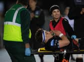 Glasgow Warriors' Rory Darge is carried off after injuring his ankle against Cardiff at Scotstoun. (Photo by Ross Parker / SNS Group)