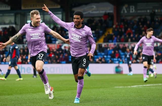 Amad Diallo celebrates after scoring five minutes into his debut for Rangers against Ross County in Dingwall. (Photo by Craig Williamson / SNS Group)