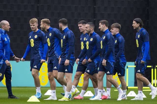 John McGinn (fourth from right) was one of eight Scotland outfield players training in Glasgow on Monday (Photo by Craig Williamson / SNS Group)