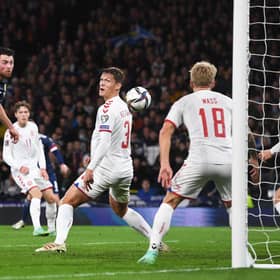 Scotland’s John Souttar heads home the opener in the 2-0 win over Denmark at Hampden. (Photo by Craig Foy / SNS Group)