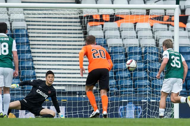 Hibs striker Jason Cummings chips his Panenka penalty over the bar in the 2016 semi-final against Dundee United