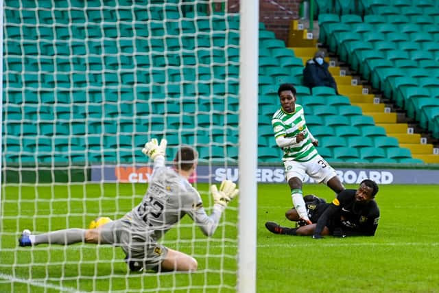 Celtic's Jeremie Frimpong has a first half strike saved by Livingston goalkeeper Max Stryjek. It proved one of the few chances the home side created in a soulless draw. (Photo by Rob Casey / SNS Group)