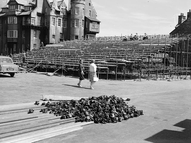The scaffolding goes up on Edinburgh Castle esplanade before the Edinburgh Tattoo of 1959.