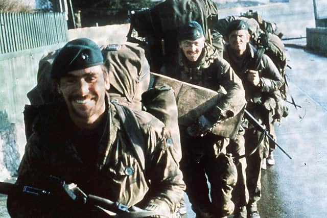 Royal Marines enter Port Stanley at the end of the Falklands War. Picture: Royal Marines Museum