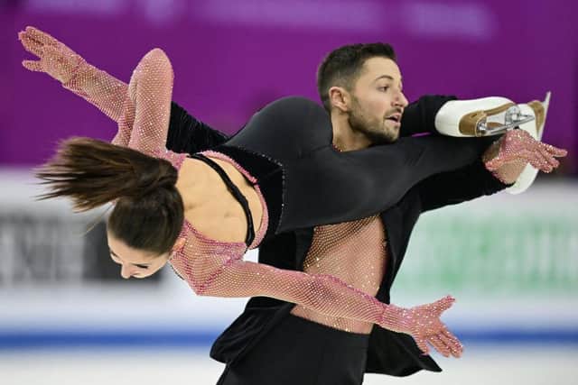 Britain's Lilah Fear and Lewis Gibson perform during the Ice Dance Rhythm Dance event of the European Figure Skating Championships.