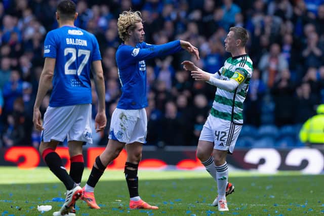 Rangers' Todd Cantwell pushes Celtic's Callum McGregor in last month's Ibrox derby.