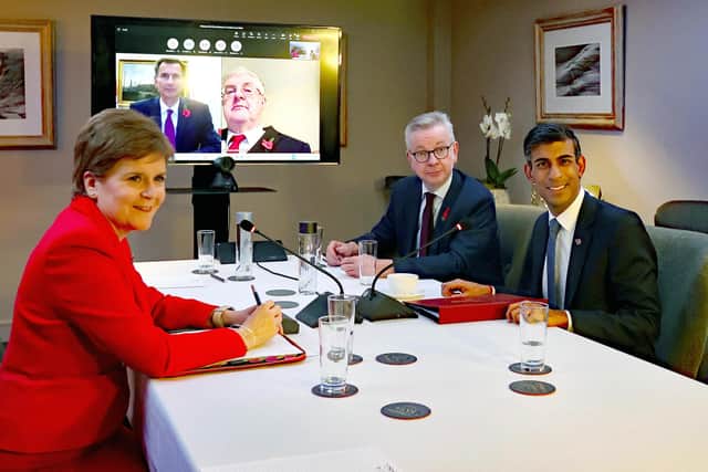 Prime Minister Rishi Sunak (right) with First Minister of Scotland Nicola Sturgeon and Michael Gove during a meeting at the British-Irish Council summit in Blackpool. Picture date: Thursday November 10, 2022.