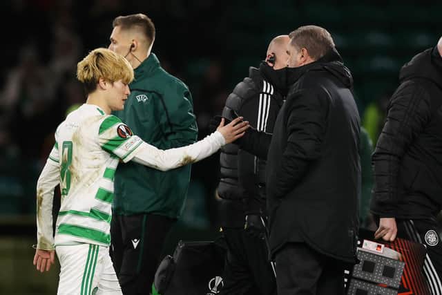 Celtic manager Ange Postecoglou commiserates with Kyogo Furuhashi after he is forced off with injury during the 3-2 win over Real Betis. (Photo by Craig Williamson / SNS Group)