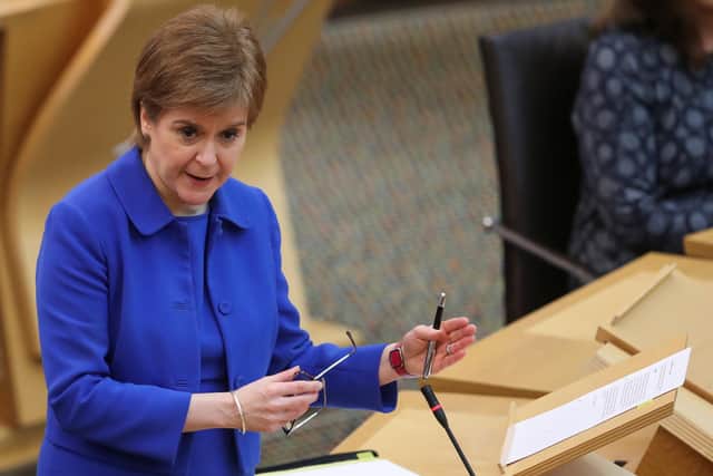 First Minister Nicola Sturgeon in the Scottish Parliament in Edinburgh to update MSPs on any changes to the Covid-19 restrictions in Scotland. Picture date: Tuesday March 16, 2021.