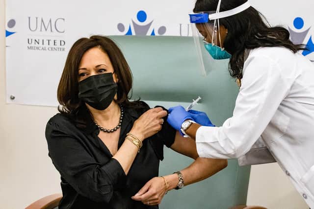 Kamala Harris was one of the first to receive the Moderna vaccine in the US (Picture: Getty)