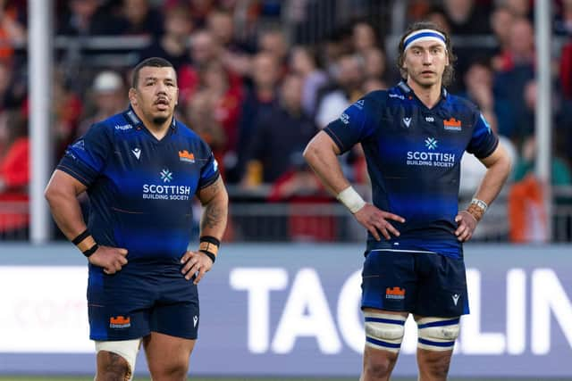 Edinburgh's Javan Sebastian and Jamie Ritchie look on dejectedly after the narrow defeat by Munster.