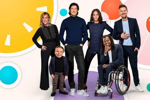 Children In Need presenters Mel Giedroyc, Lenny Rush, Vernon Kay, Rochelle Humes, Ade Adepitan and Chris Ramsey. Picture: BBC.