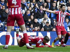 Rangers midfielder Ryan Jack brings down St Johnstone's Adam Montgomery in a challenge that prompted a VAR check - but Willie Collum stuck with his original yellow card decision. (Photo by Rob Casey / SNS Group)