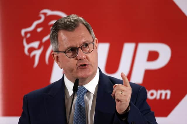 Sir Jeffrey Donaldson at the launch of the DUP's Local Government election manifesto last May. He is stepping down as party leader "with immediate effect" after the DUP said he had been charged with allegations of a historical nature. Photo: Liam McBurney/PA Wire