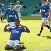 Rangers player Alfredo Morelos celebrates after scoring the first Rangers goal during the Ladbrokes Scottish Premiership match between Celtic and Rangers at Celtic Park on March 21, 2021 in Glasgow, Scotland. Sporting stadiums around the UK remain under strict restrictions due to the Coronavirus Pandemic as Government social distancing laws prohibit fans inside venues resulting in games being played behind closed doors.  (Photo by Ian MacNicol/Getty Images)