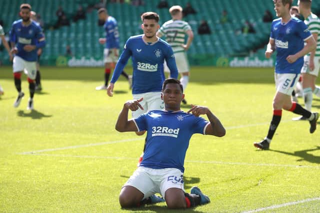 Rangers player Alfredo Morelos celebrates after scoring the first Rangers goal during the Ladbrokes Scottish Premiership match between Celtic and Rangers at Celtic Park on March 21, 2021 in Glasgow, Scotland. Sporting stadiums around the UK remain under strict restrictions due to the Coronavirus Pandemic as Government social distancing laws prohibit fans inside venues resulting in games being played behind closed doors.  (Photo by Ian MacNicol/Getty Images)