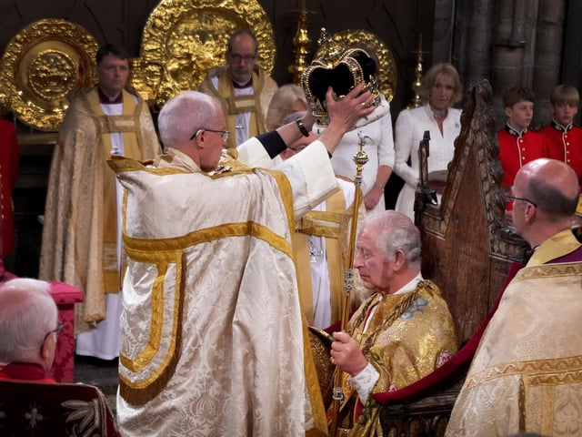 King Charles III is crowned with St Edward's Crown by The Archbishop of Canterbury the Most Reverend Justin Welby during his coronation ceremony in Westminster Abbey, London.