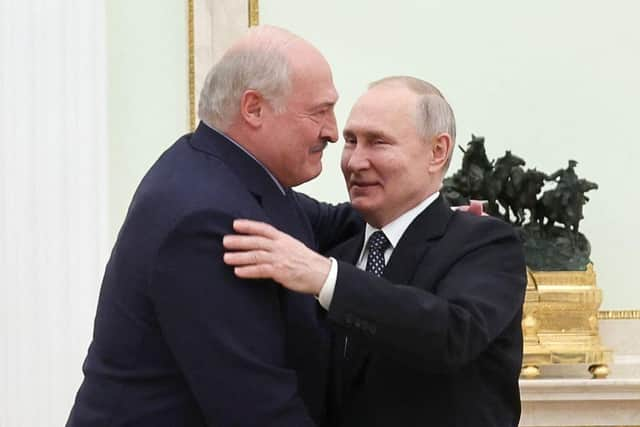 Russian President Vladimir Putin meets with Belarusian President Alexander Lukashenko at the Kremlin in Moscow in April.