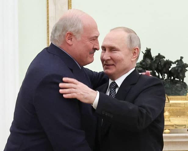 Russian President Vladimir Putin meets with Belarusian President Alexander Lukashenko at the Kremlin in Moscow in April.