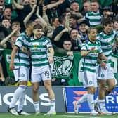 Celtic players celebrate after Daizen Maeda scores during the 5-0 win over Kilmarnock that clinched the title and an automatic Champions League spot. (Photo by Craig Foy / SNS Group)