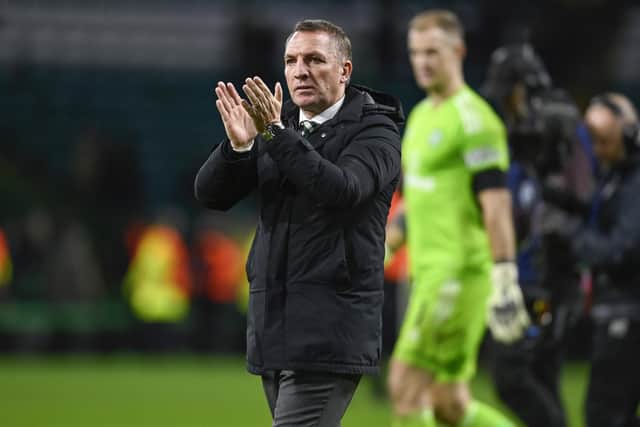Celtic manager Brendan Rodgers applauds the fans after the 2-2 draw with Atletico Madrid. (Photo by Rob Casey / SNS Group)