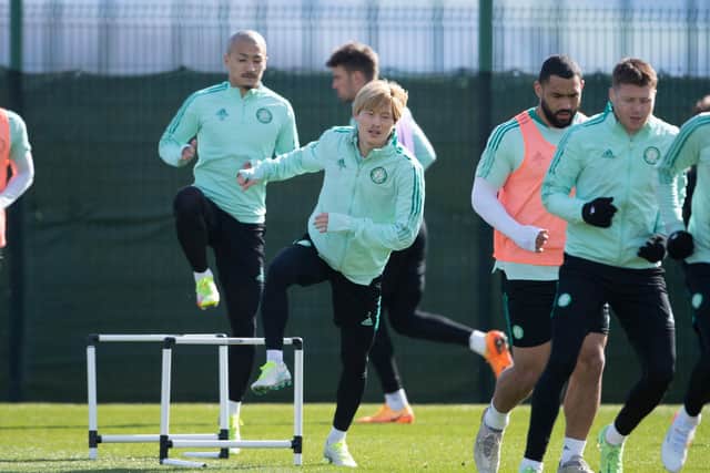 Kyogo Furuhashi trains with his Celtic team-mates at Lennoxtown, on Friday. (Photo by Paul Devlin / SNS Group)