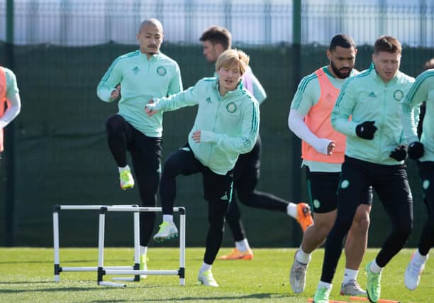 Kyogo Furuhashi trains with his Celtic team-mates at Lennoxtown, on Friday. (Photo by Paul Devlin / SNS Group)