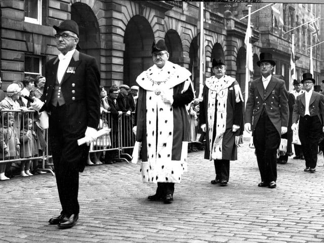 The traditional procession to St Giles Cathedral, Edinburgh, to mark the opening of the Edinburgh International Festival in 1962. The procession was led by the Lord Provost of Edinburgh, Sir John Greig Duncan.
