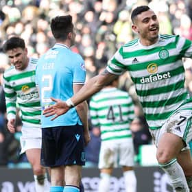 Celtic's Giorgos Giakoumakis sniffed out his first hat-trick for the club with only 16 touches across the 90 minutes against Dundee. (Photo by Craig Williamson / SNS Group)
