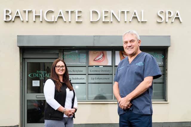 Stephanie Watt of Clyde Munro with Bathgate Dental Spa's Iain Henderson. Picture: Ian Georgeson.
