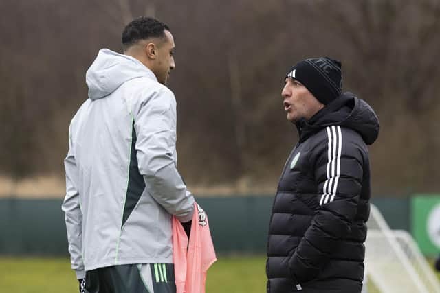Celtic manager Brendan Rodgers with new signing Adam Idah during a training session at Lennoxtown. (Photo by Craig Foy / SNS Group)