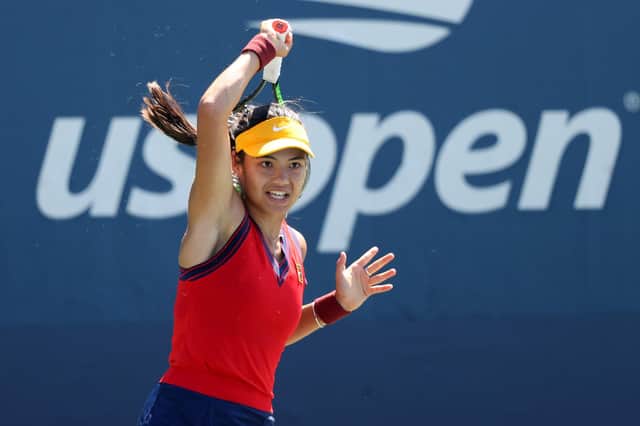 Emma Raducanu of Great Britain returns against Shuai Zhang of China during her Women's Singles second round match on Day Four of the 2021 US Open at USTA Billie Jean King National Tennis Center on September 02, 2021 in New York City. (Photo by Matthew Stockman/Getty Images)