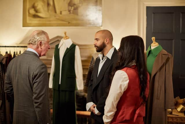 King Charles with modern artisans Adam Benbarek and Emily Dey. Picture: Charlie Urmston.