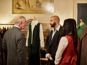 King Charles with modern artisans Adam Benbarek and Emily Dey. Picture: Charlie Urmston.