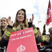 Firefighter protest propsed cuts to service in George Square Glasgow in August. Picture: John Devlin