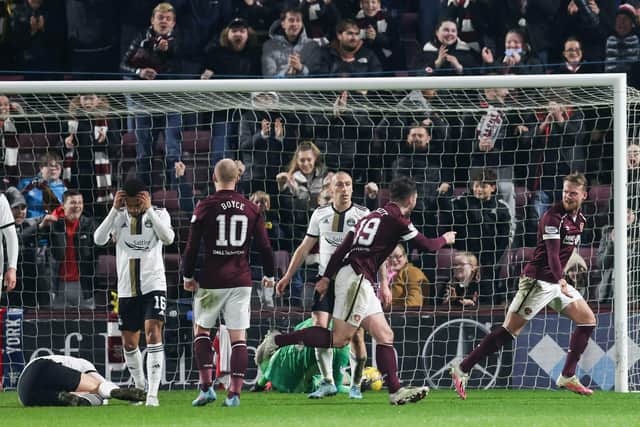 Stephen Kingsley puts Hearts 2-0 ahead against Aberdeen at Tynecastle. (Photo by Bruce White / SNS Group)