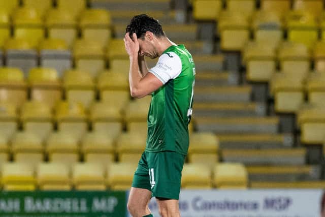 Hibs midfielder Joe Newell has his head in his hands after Wednesday's 1-0 defeat to Livingston. (Photo by Ross Parker / SNS Group)