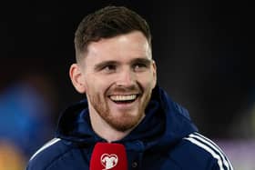 Injured Scotland captain Andy Robertson speaks to Viaplay ahead of the Euro 2024 qualifier against Norway at Hampden. (Photo by Craig Williamson / SNS Group)