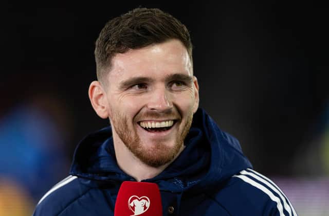 Injured Scotland captain Andy Robertson speaks to Viaplay ahead of the Euro 2024 qualifier against Norway at Hampden. (Photo by Craig Williamson / SNS Group)