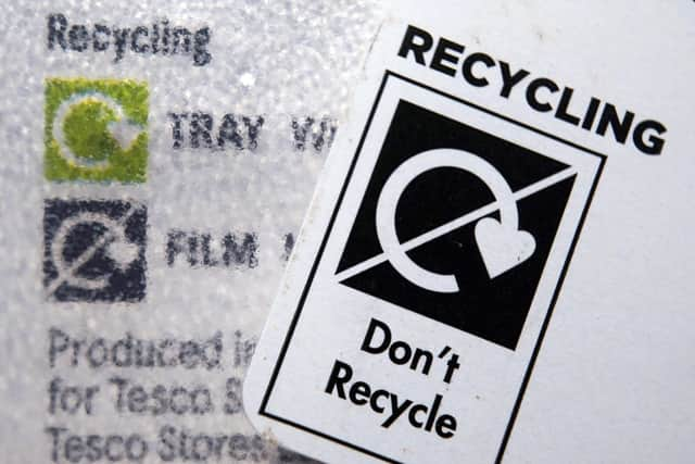 A 'Don't Recycle' label on plastic packaging.