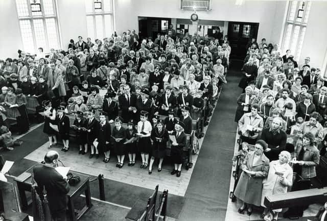 The congregation fills the Taplin Road Baptist Church, Hillsborough, for the traditional Whit Sing, which had to go indoors because of the wet weather in May 1981