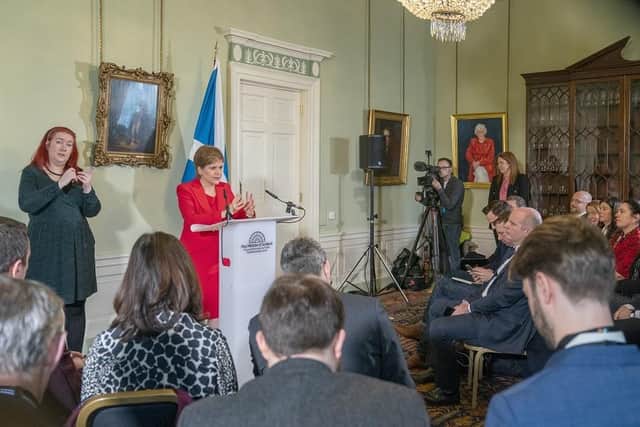 First Minister Nicola Sturgeon speaking during a press conference at Bute House in Edinburgh where she has announced that she will stand down as First Minister of Scotland after eight years.