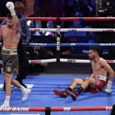 Josh Taylor walks away after knocking down Jose Ramirez in Las Vegas. He wants his next fight to be in Scotland. Picture: John Locher/AP