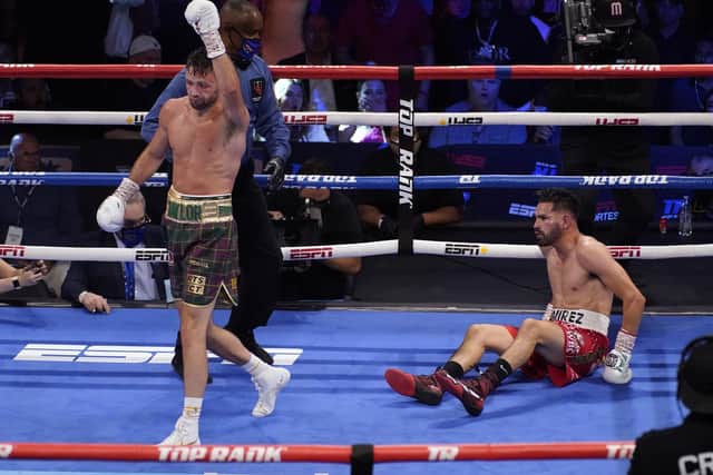 Josh Taylor walks away after knocking down Jose Ramirez in Las Vegas. He wants his next fight to be in Scotland. Picture: John Locher/AP