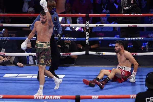 Josh Taylor walks away after knocking down Jose Ramirez in Las Vegas. He wants his next fight to be in Scotland. Picture: John Locher/AP