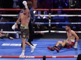 Josh Taylor walks away after knocking down Jose Ramirez in Las Vegas. He wants his next fight to be in Scotland. Picture: John Locher/AP