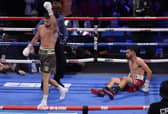 Josh Taylor walks away after knocking down Jose Ramirez in Las Vegas. He wants his next fight to be in Scotland. Picture: John Locher/AP