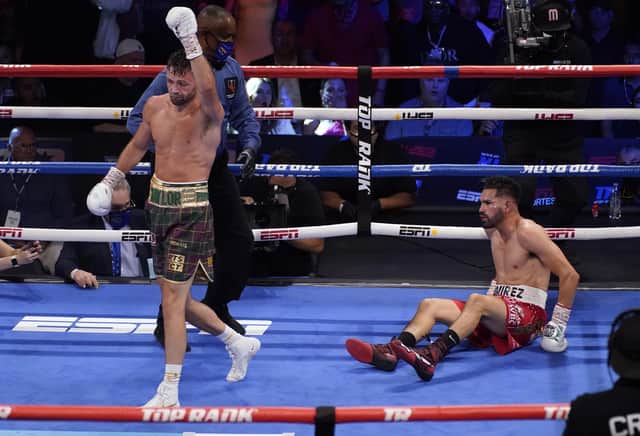 Josh Taylor walks away after knocking down Jose Ramirez in Las Vegas. He wants his next fight to be in Scotland. Picture: John Locher/AP